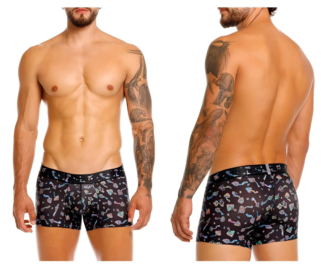 Black unico 25060100103 hongos trunks boxer briefs with colorful abstract shapes and pastel hues on black fabric