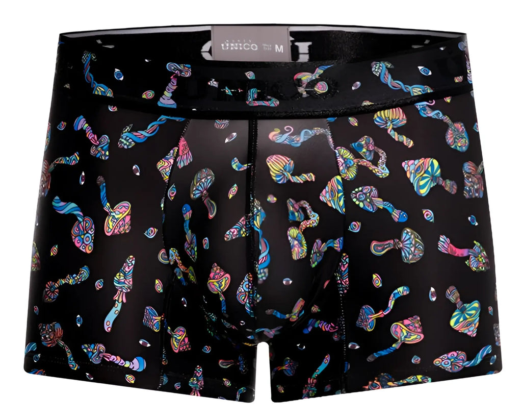 Black unico 25060100103 hongos trunks boxer briefs with vibrant psychedelic mushroom pattern in iridescent rainbow hues