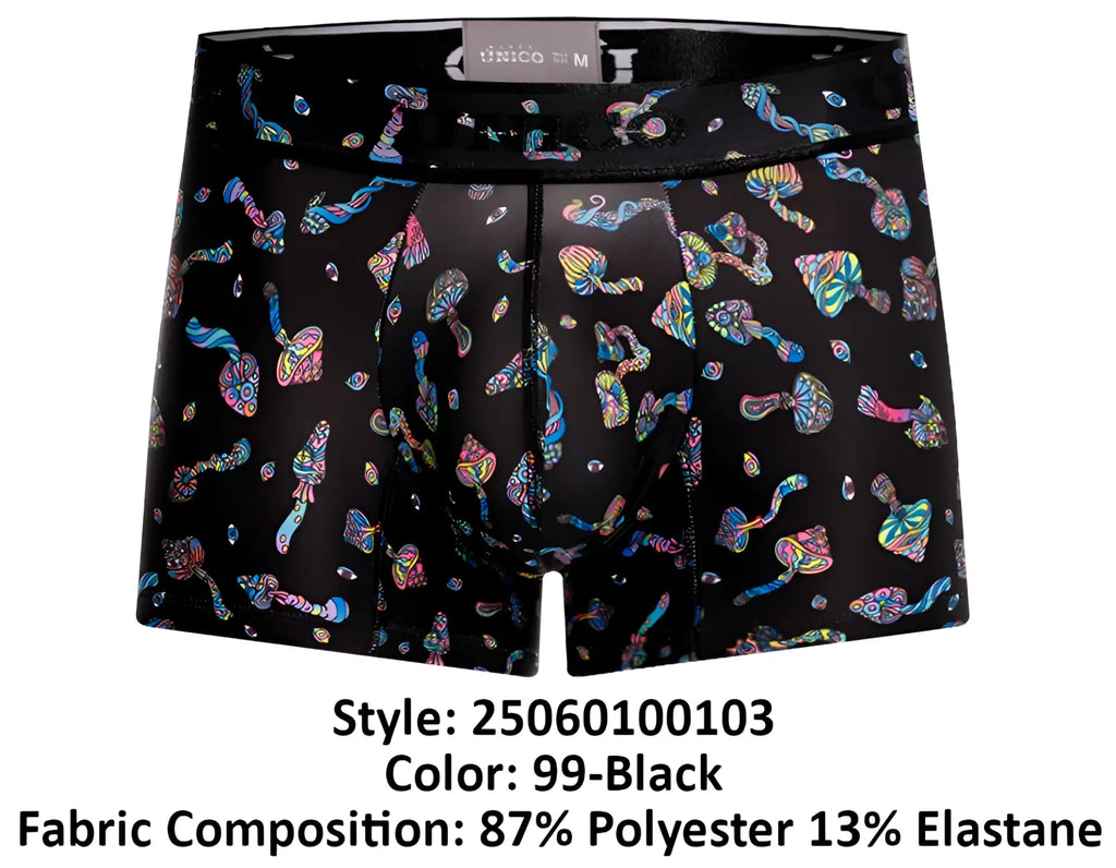 Black unico men’s boxer briefs with vibrant iridescent mushroom pattern in color 99 black front view