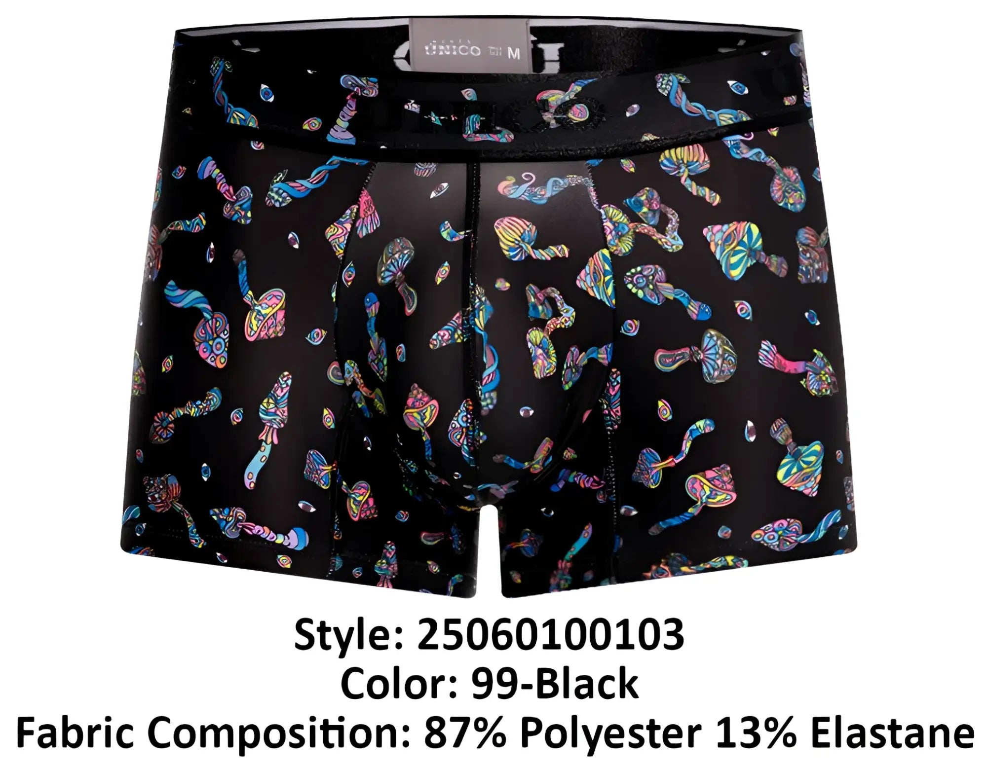 Black unico men’s boxer briefs with vibrant iridescent mushroom pattern in color 99 black front view
