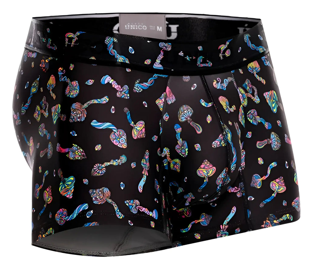 Black unico men’s boxer briefs with vibrant iridescent rainbow mushroom pattern in color 99-Black hongos trunks