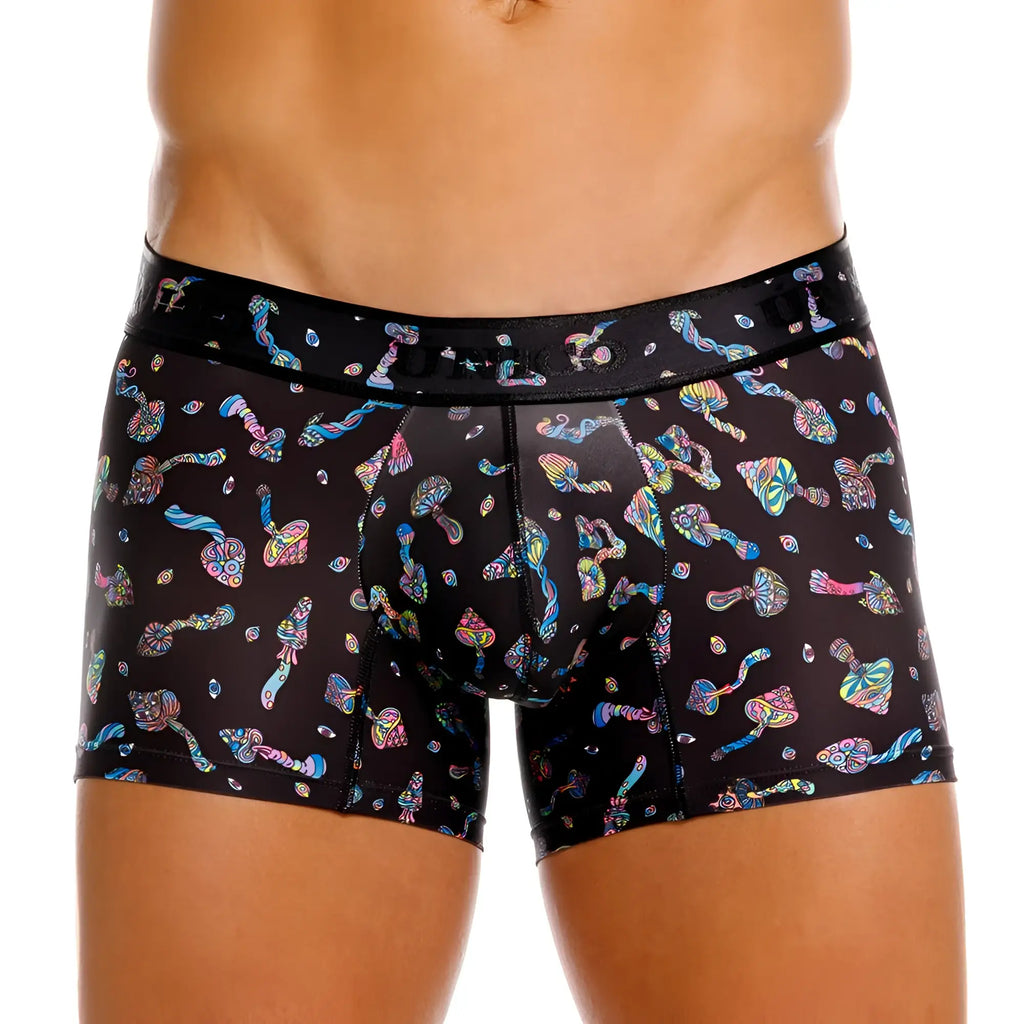 Black men’s boxer briefs unico 25060100103 hongos trunks color 99-black with vibrant psychedelic rainbow mushroom pattern