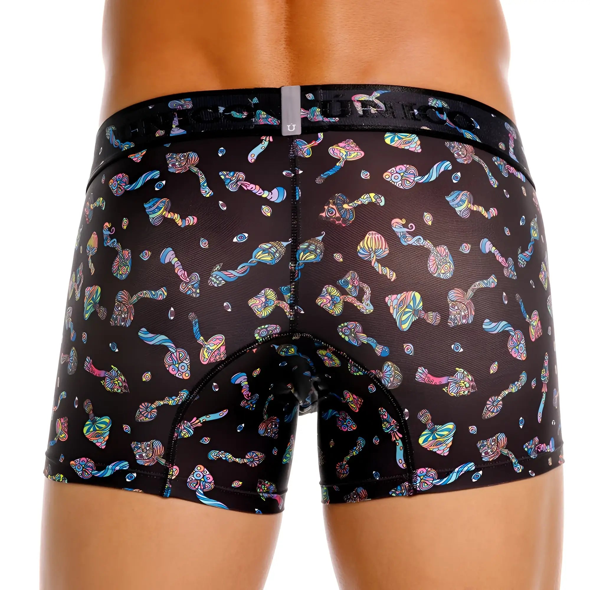 Black briefs Unico 25060100103 featuring vibrant psychedelic rainbow mushroom pattern color 99-Black