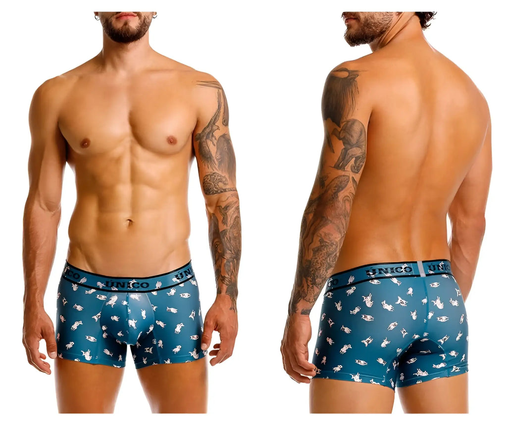 Teal blue Unico 25060100104 Chihuahua trunks boxer briefs with white shark pattern and Unico waistband branding