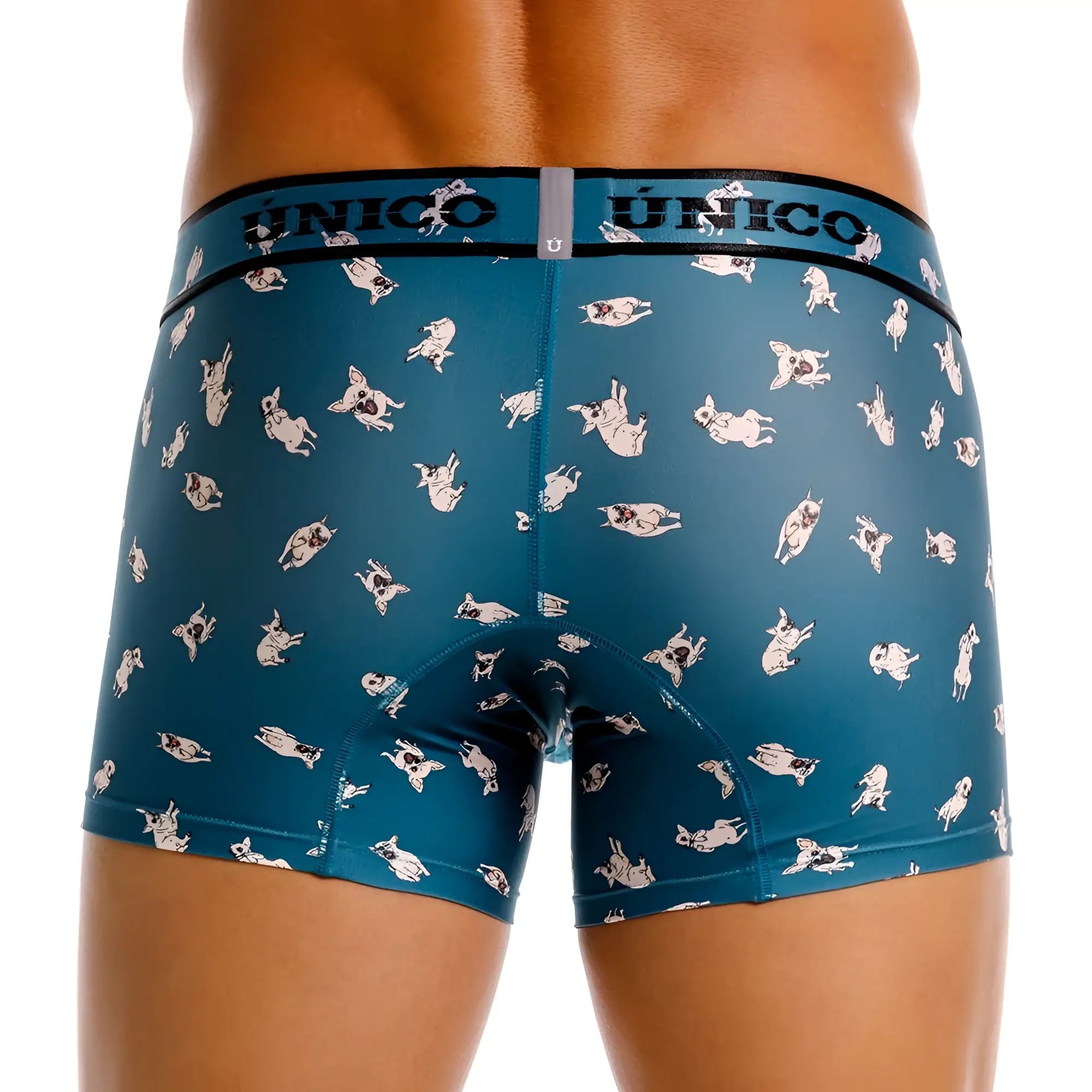 Teal unico boxer briefs with a playful white pug dog pattern featuring chihuahua trunks color 43-blue design
