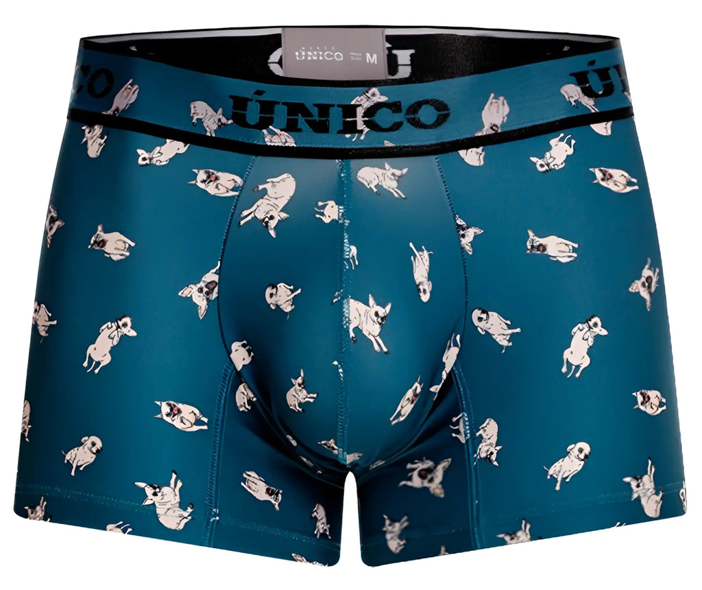Teal blue unico 25060100104 chihuahua trunks boxer briefs with playful white and black pug dog pattern and unico waistband