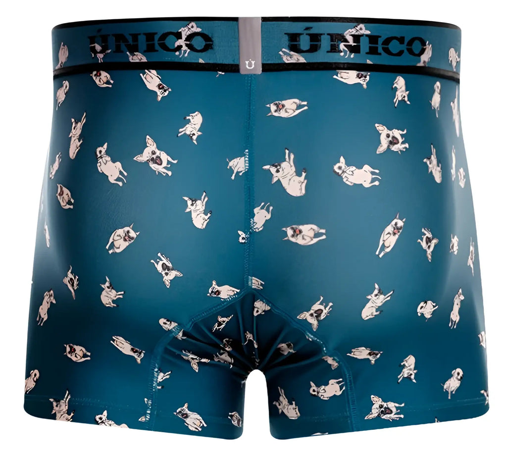 Teal unico 25060100104 chihuahua trunks boxer briefs with playful white and black pug pattern and unico waistband