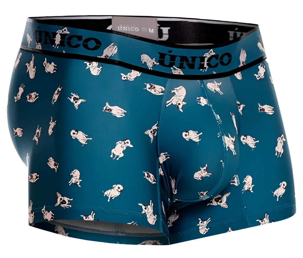 Teal unico 25060100104 chihuahua trunks men’s boxer briefs with white and black cartoon pug pattern and branded waistband