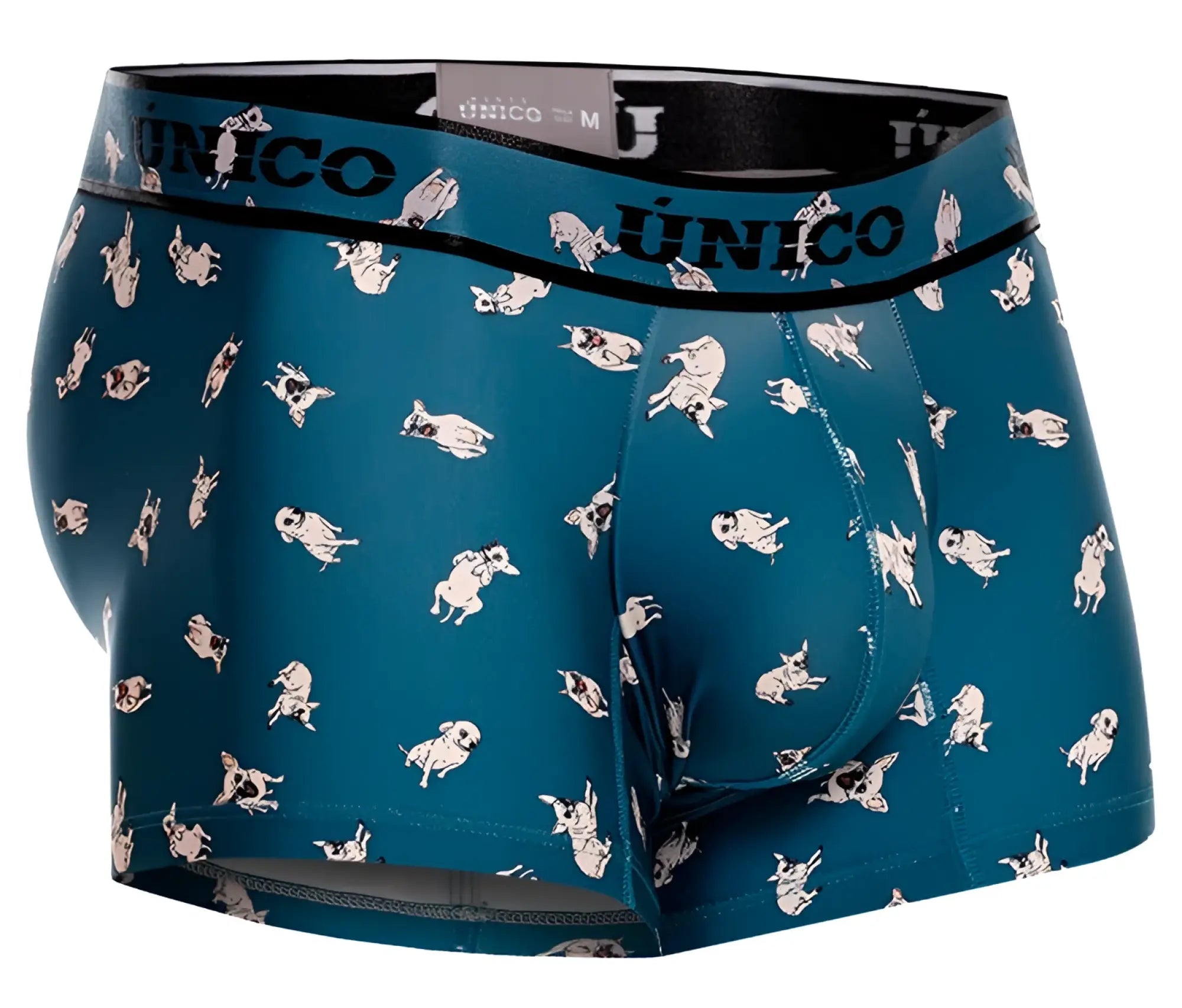 Teal unico 25060100104 chihuahua trunks men’s boxer briefs with white and black cartoon pug pattern and branded waistband