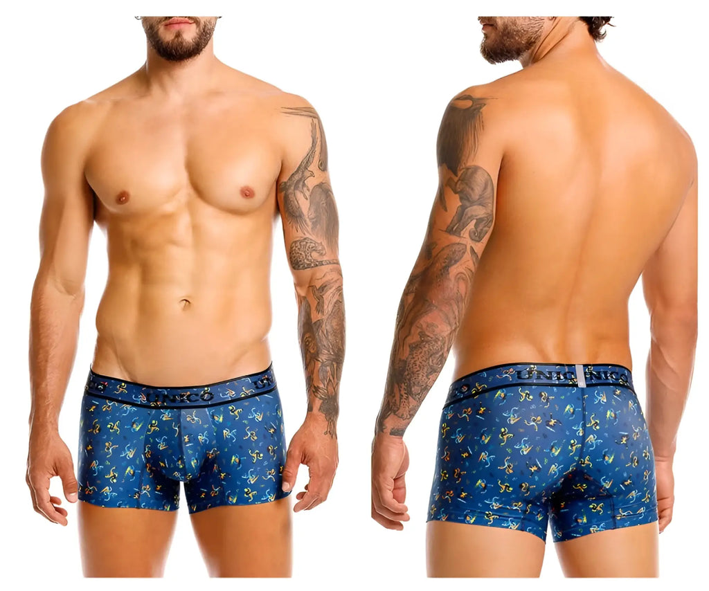 Blue boxer briefs with yellow and green abstract pattern and luna nick waistband from unico 25060100106 pacer trunks