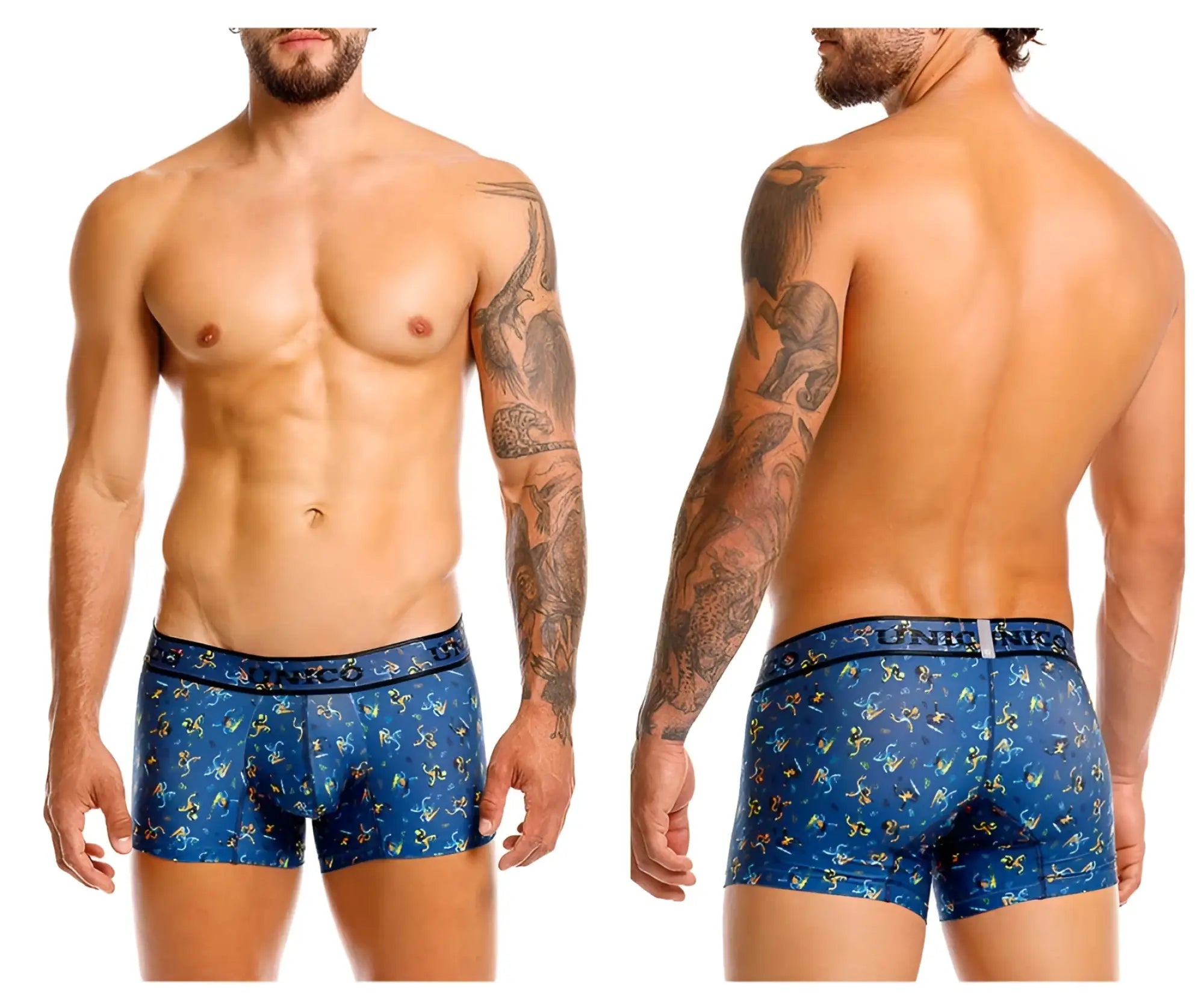 Blue boxer briefs with yellow and green abstract pattern and luna nick waistband from unico 25060100106 pacer trunks