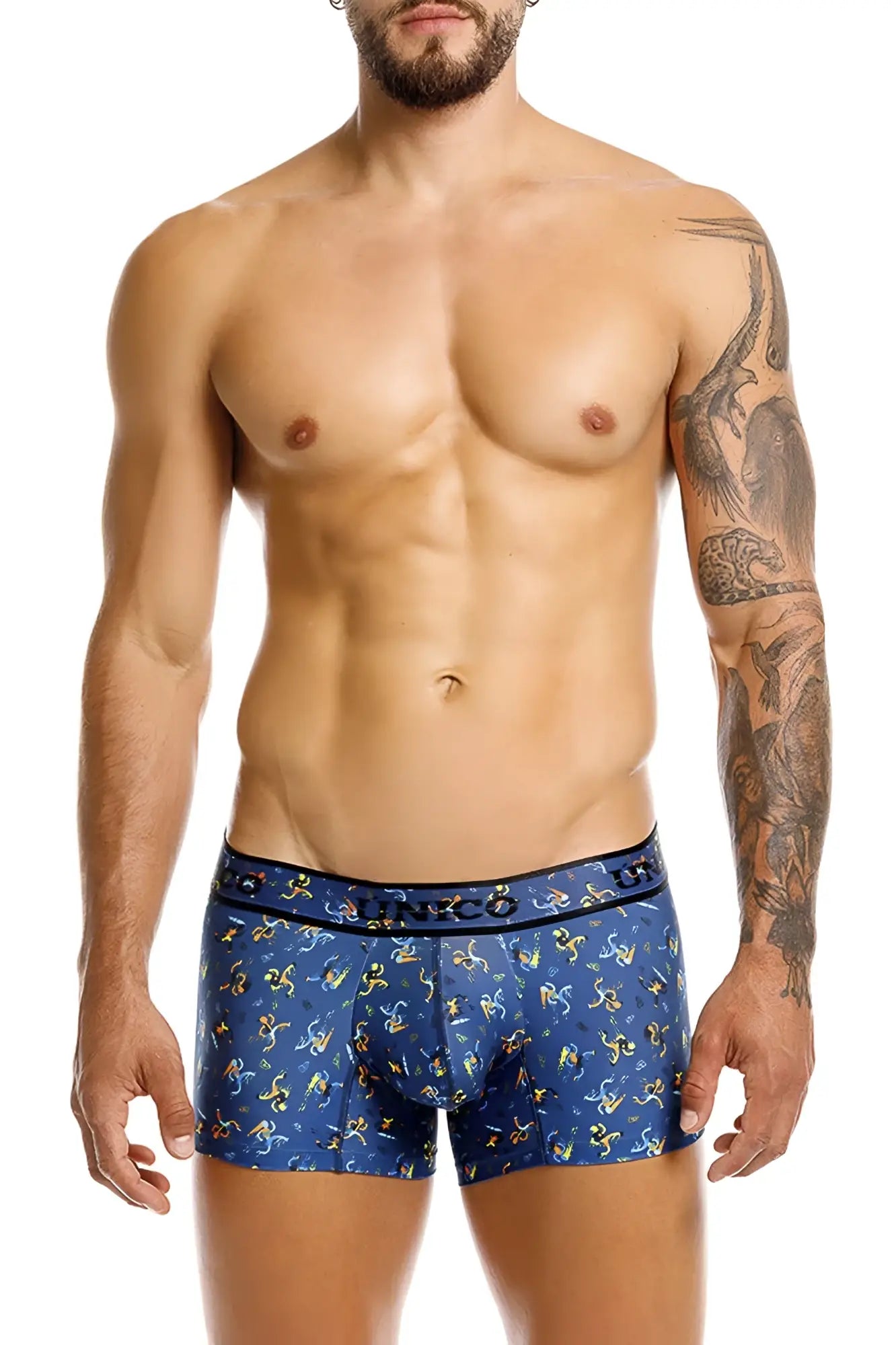 Blue banco unico 25060100106 pacer trunks boxer briefs with yellow white abstract pattern and branded waistband