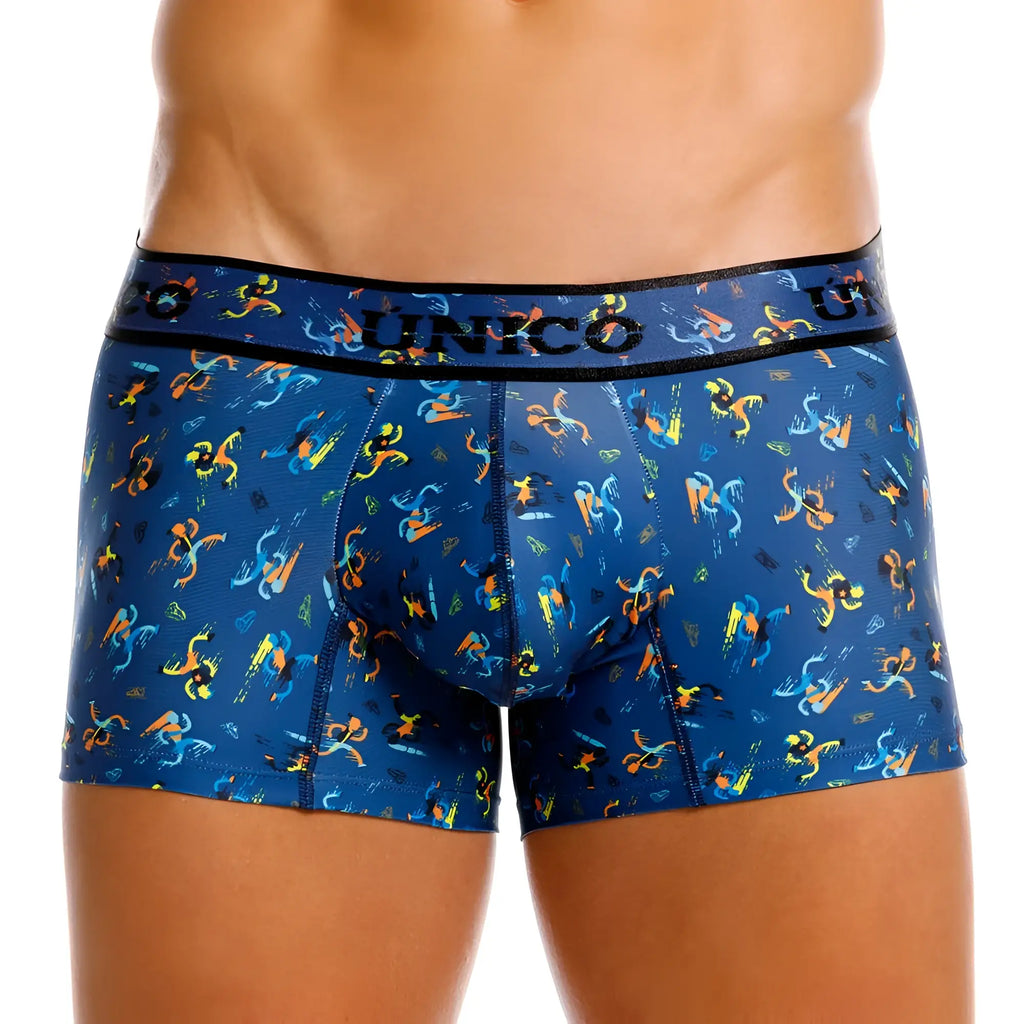 Blue unico boxer briefs with vibrant orange and yellow abstract pattern featuring soft breathable fabric
