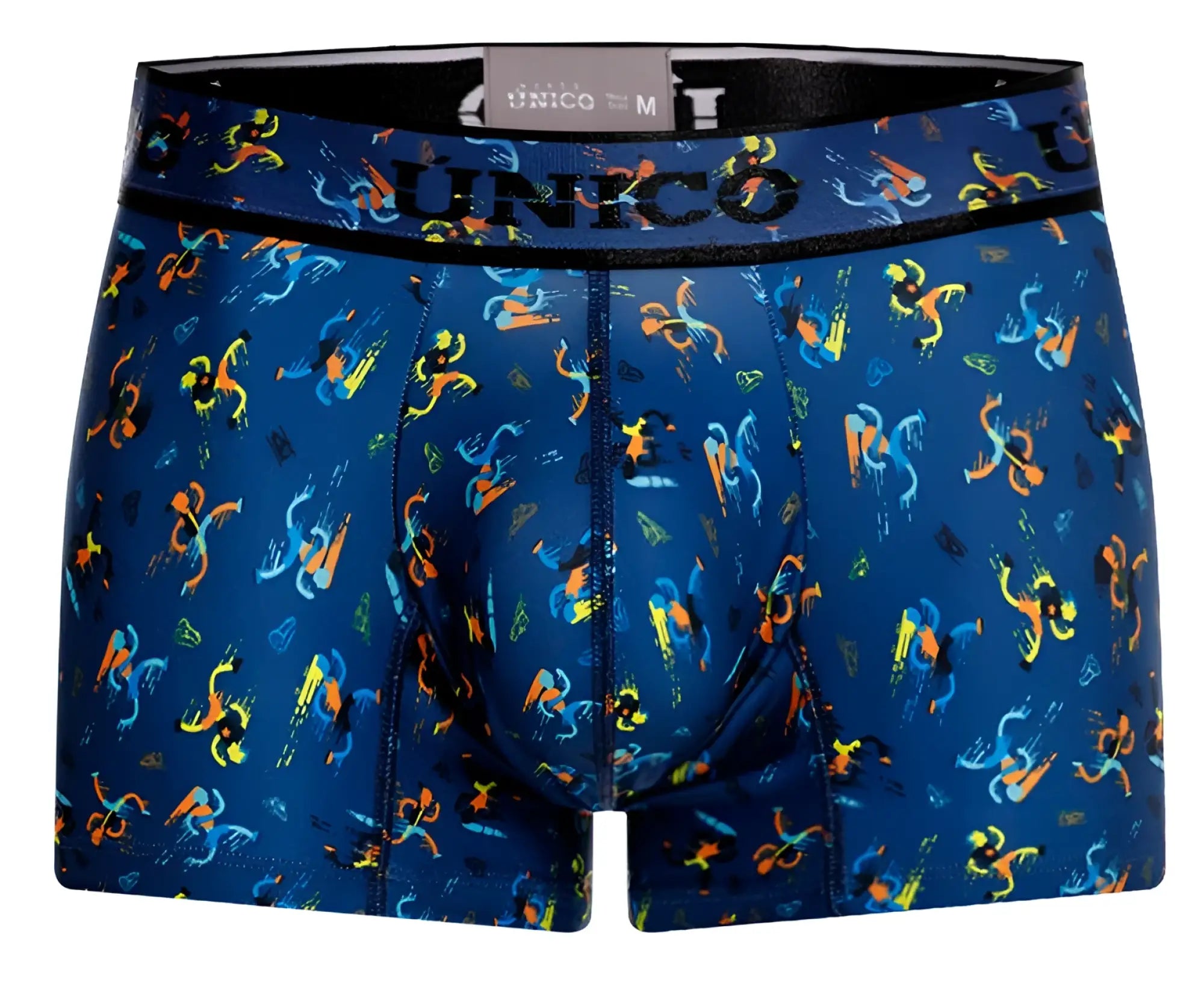 Blue unico men’s boxer briefs with vibrant orange and yellow abstract pattern model unico 25060100106 pacer trunks color 46-blue