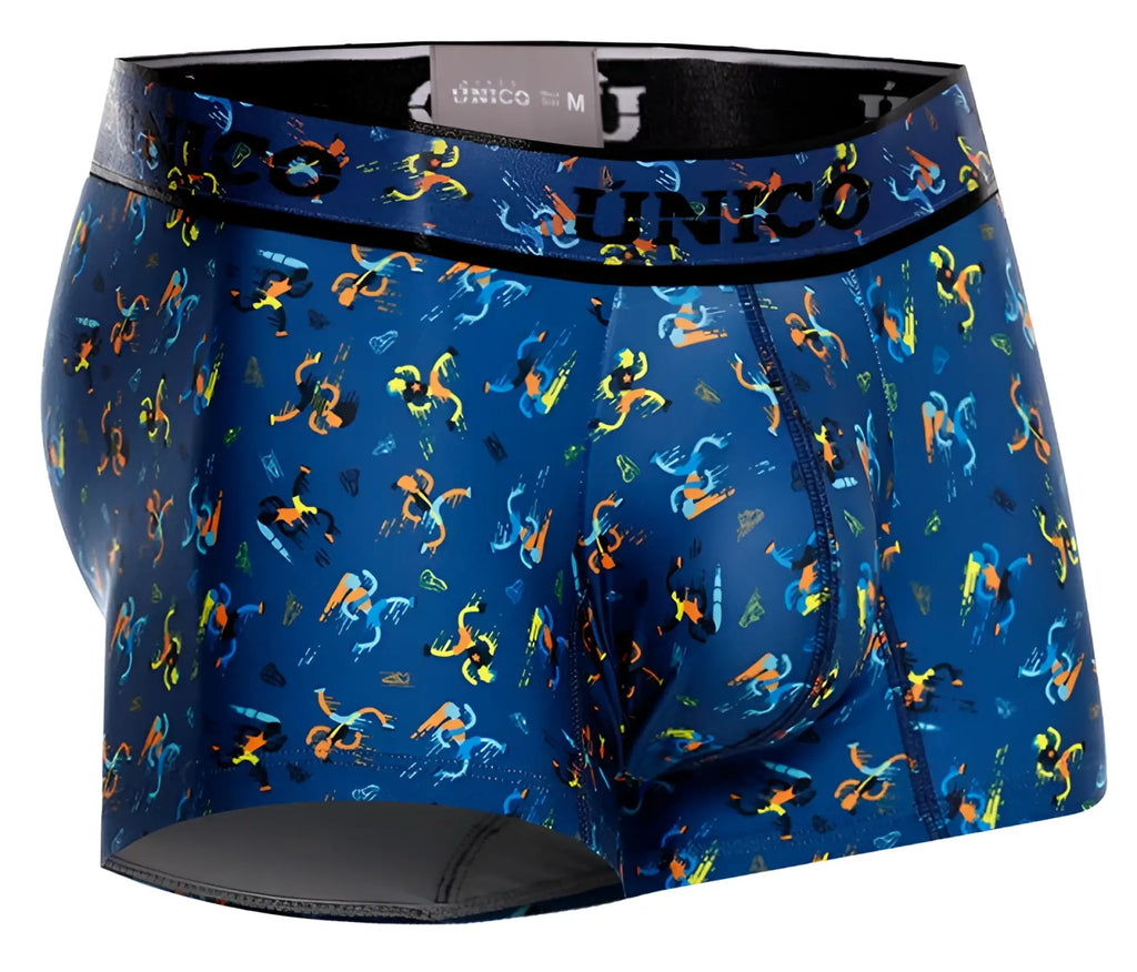 Blue unico mens boxer briefs with vibrant orange yellow cyan abstract figures on deep blue fabric unico 25060100106