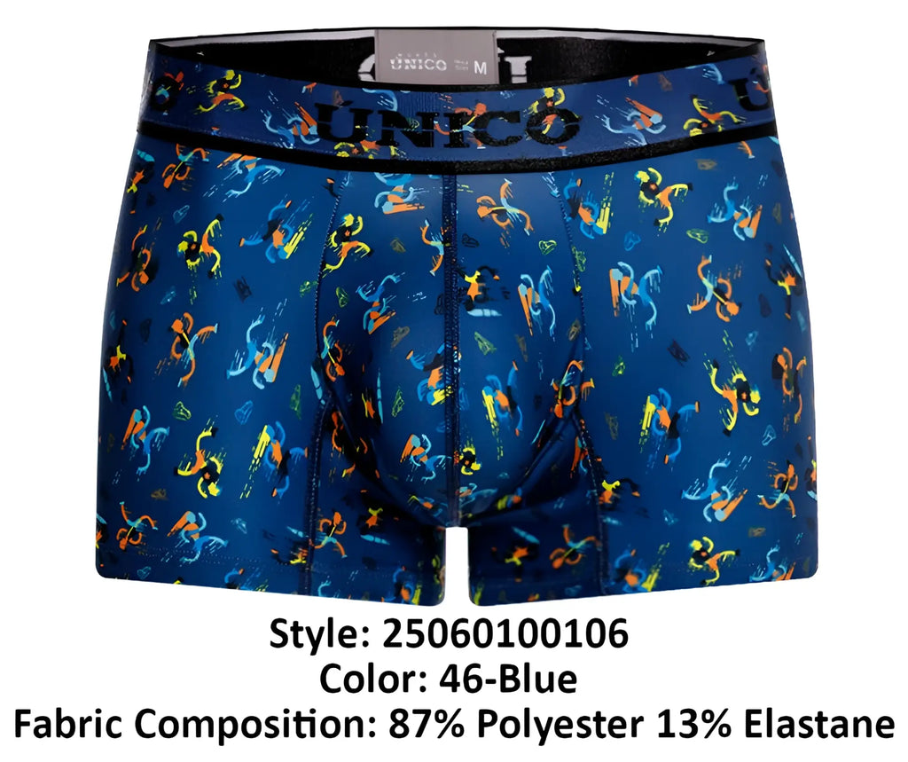 Blue unico men’s boxer briefs with vibrant orange and yellow abstract pattern on dark blue background pacer trunks