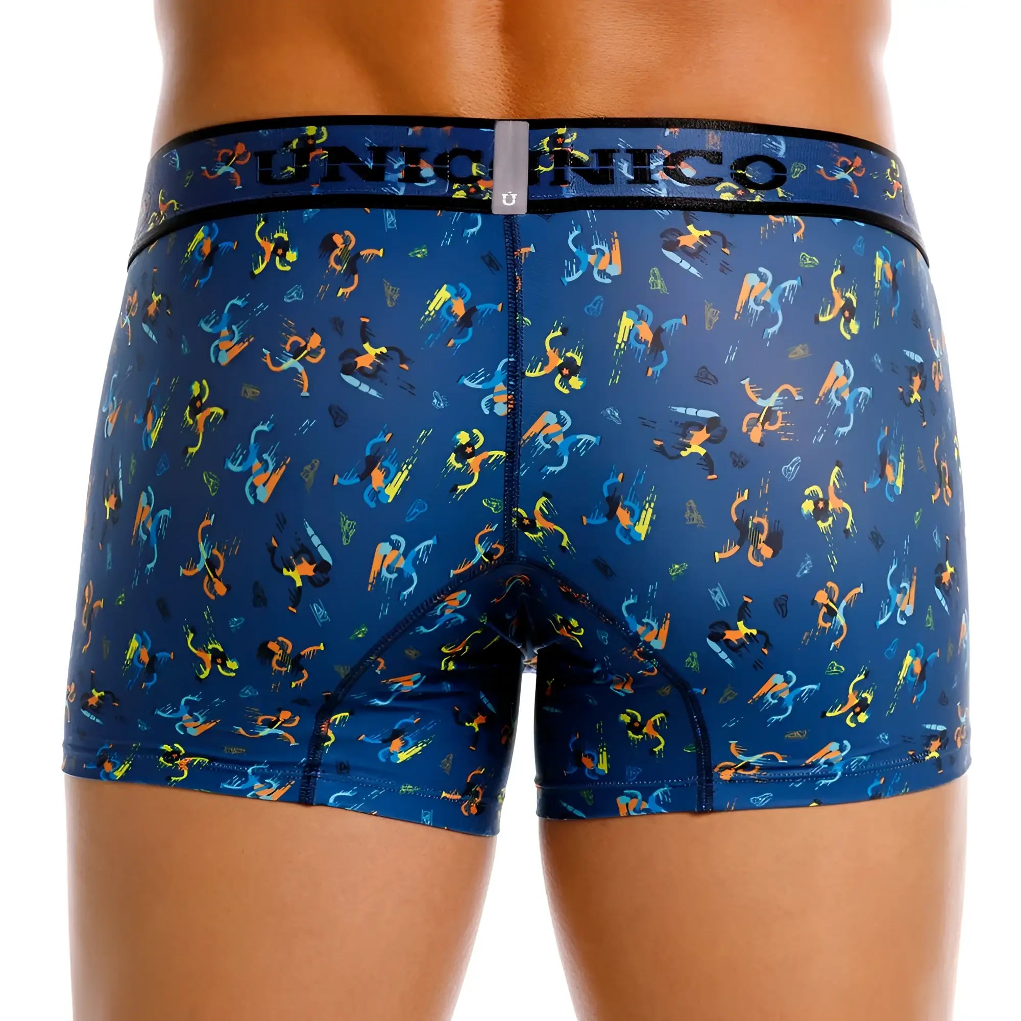 Blue unico 25060100106 pacer trunks boxer briefs with vibrant abstract orange yellow and teal figures pattern