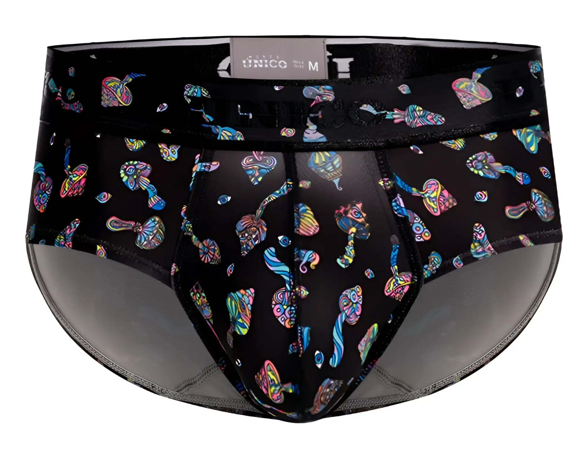 Black unico mens briefs with vibrant iridescent mushroom pattern in color 99 black for comfortable wear