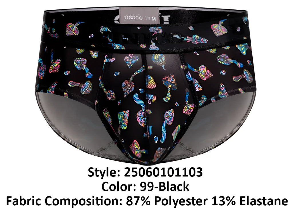 Black unico men’s briefs featuring a vibrant iridescent mushroom pattern in color 99-black unisex design