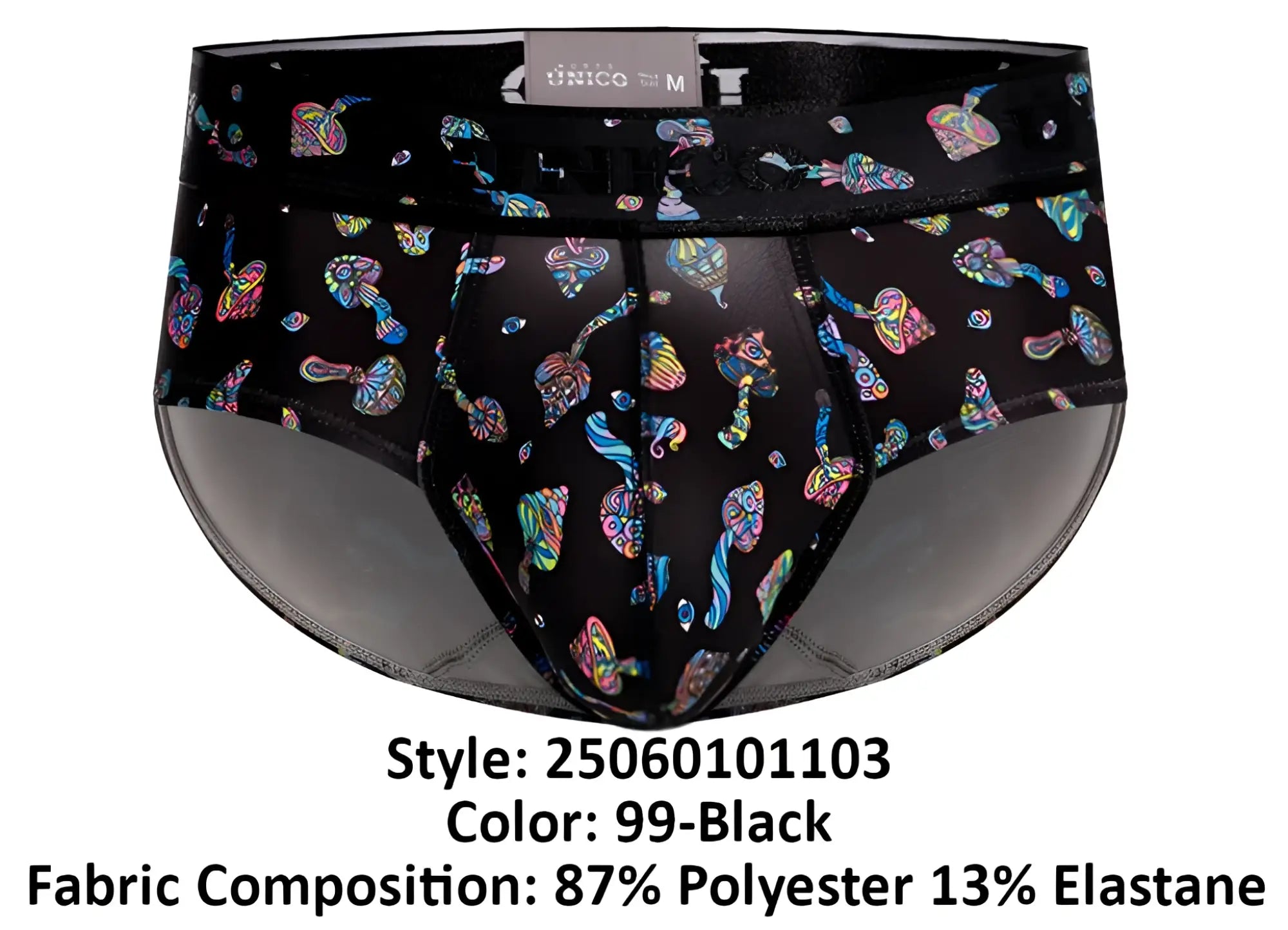 Black unico men’s briefs featuring a vibrant iridescent mushroom pattern in color 99-black unisex design