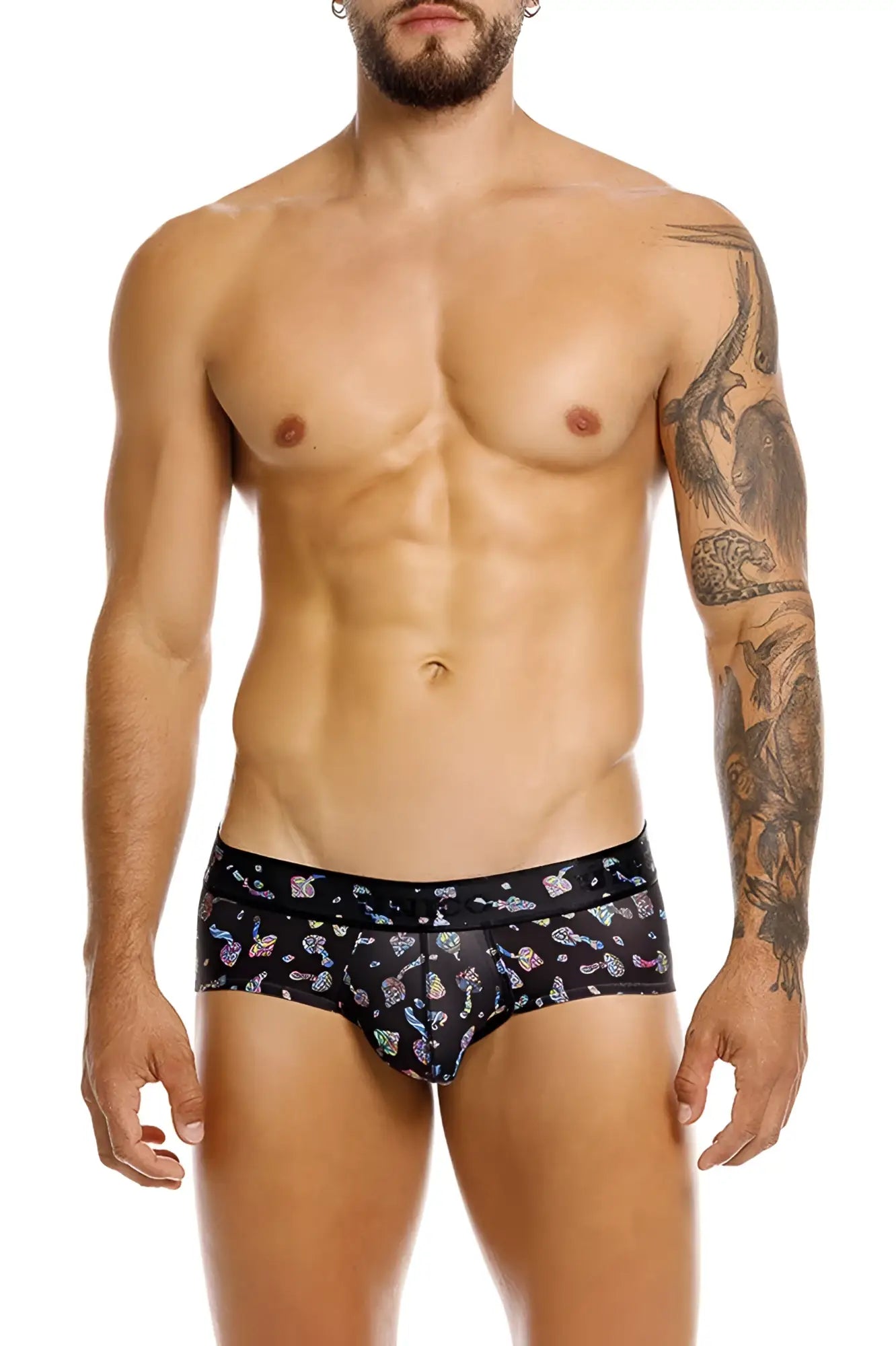 Black men’s briefs unic 25060101103 hongos with vibrant multicolored cartoon mushrooms and stars pattern in black