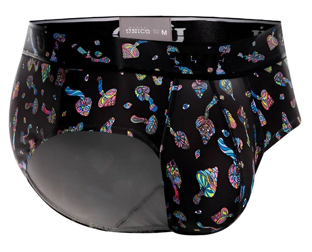 Black unico 25060101103 hongos men’s briefs with vibrant rainbow psychedelic mushroom pattern in black fabric