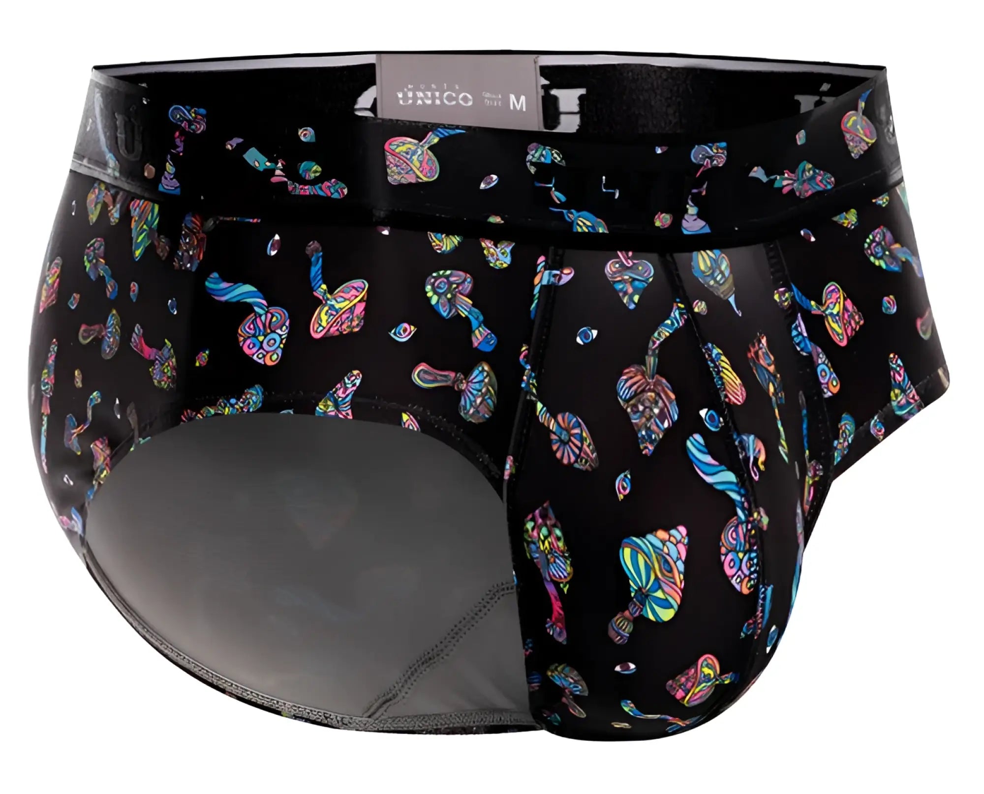 Black unico 25060101103 hongos men’s briefs with vibrant rainbow psychedelic mushroom pattern in black fabric
