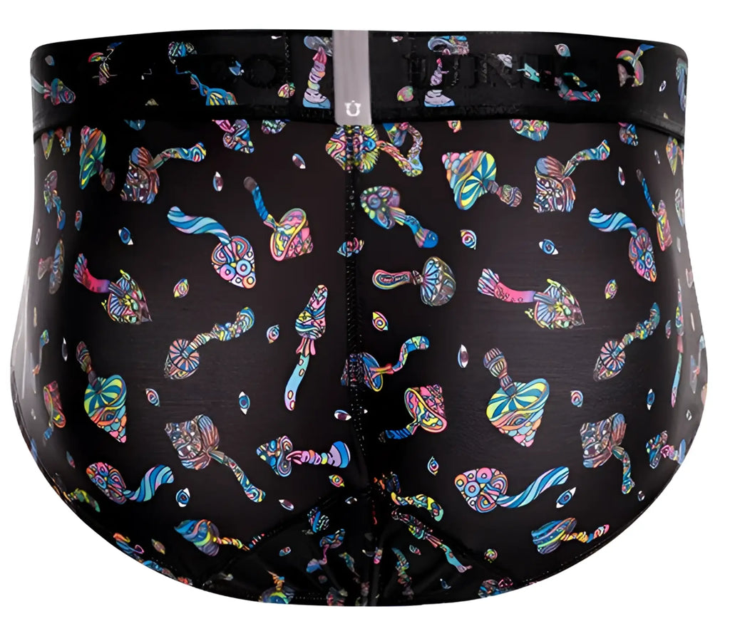 Unico 25060101103 hongos black men’s briefs with vibrant psychedelic mushroom pattern in iridescent pink blue and green
