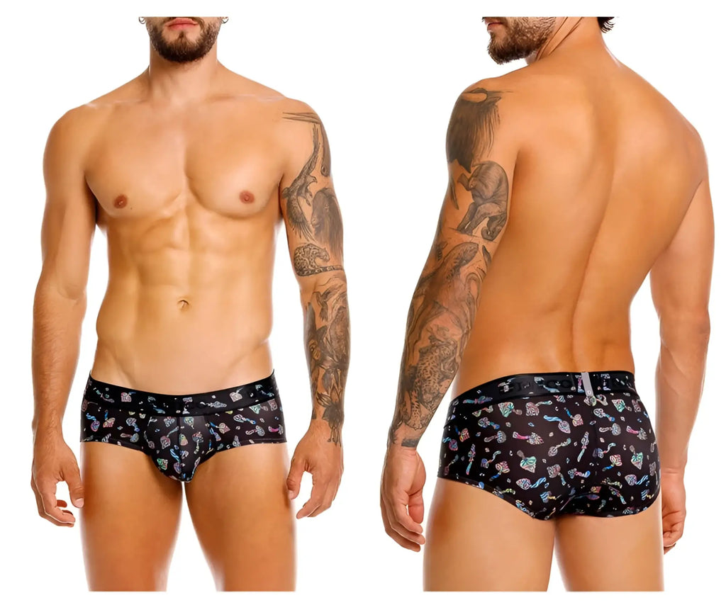 Black unico 25060101103 hongos briefs featuring a colorful playful pattern of whimsical sea creatures and shapes