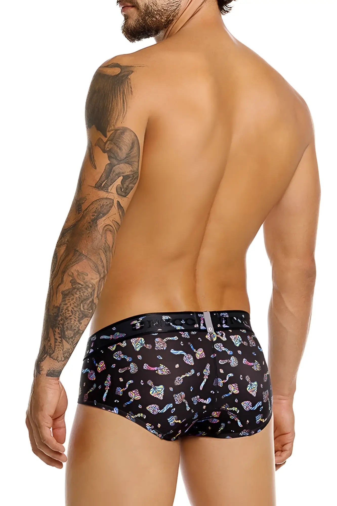 Black unico 25060101103 hongos briefs with vibrant iridescent colorful mushroom and abstract shape pattern