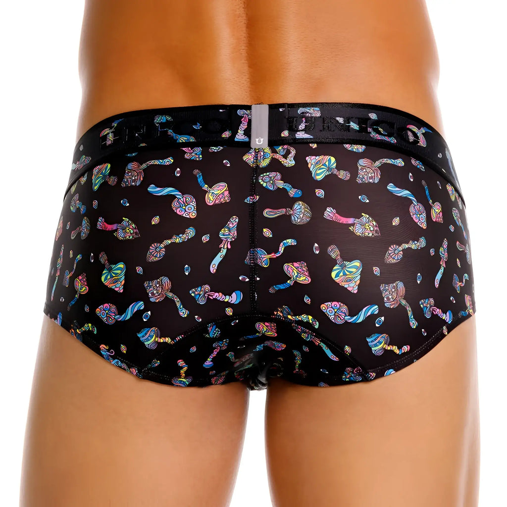 Black unico 25060101103 hongos briefs featuring vibrant psychedelic mushroom pattern in rainbow hues