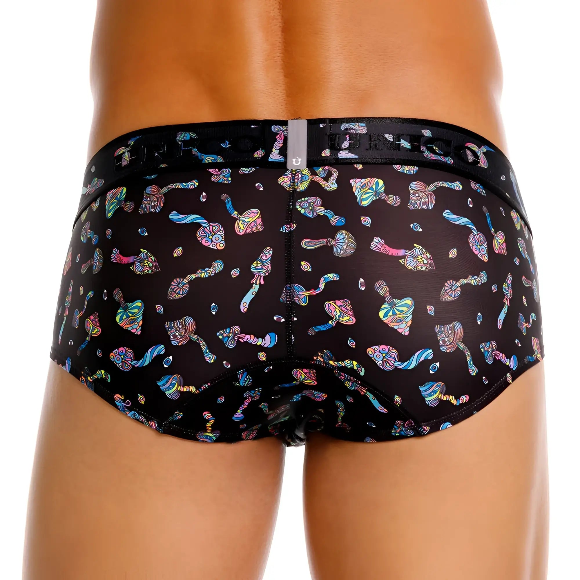 Black unico 25060101103 hongos briefs featuring vibrant psychedelic mushroom pattern in rainbow hues