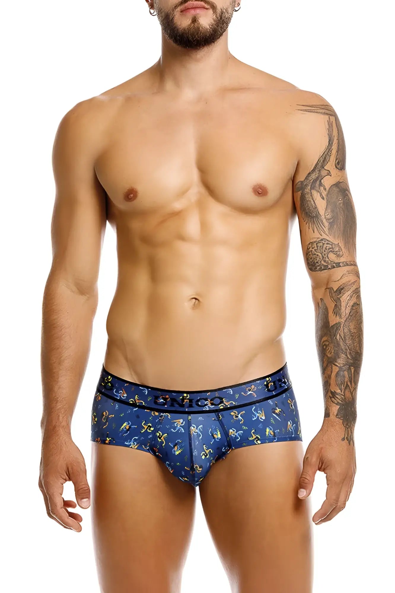 Blue mens briefs unico 25060101106 pacer briefs with yellow and white abstract designs and bicco waistband