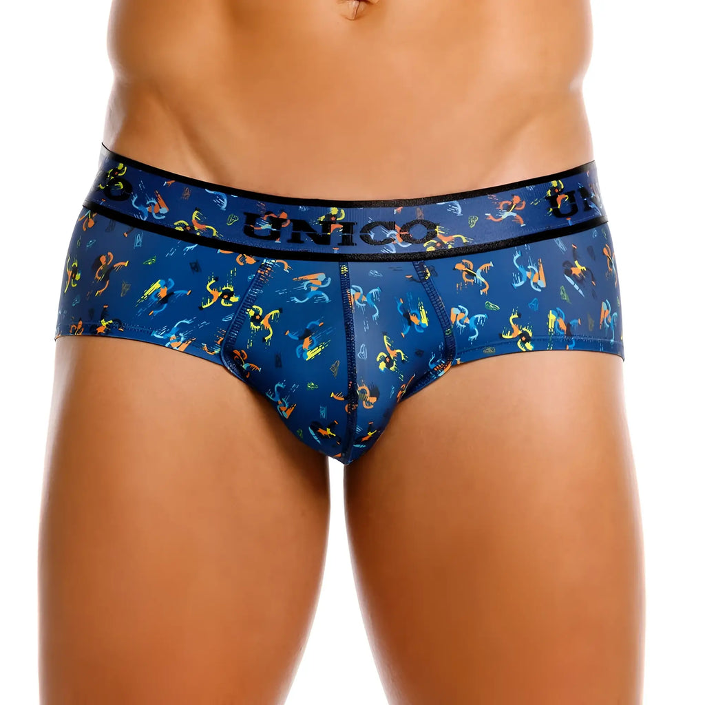 Blue unico men’s briefs featuring a vibrant colorful abstract pattern in azul hue from the unico 25060101106 pacer series