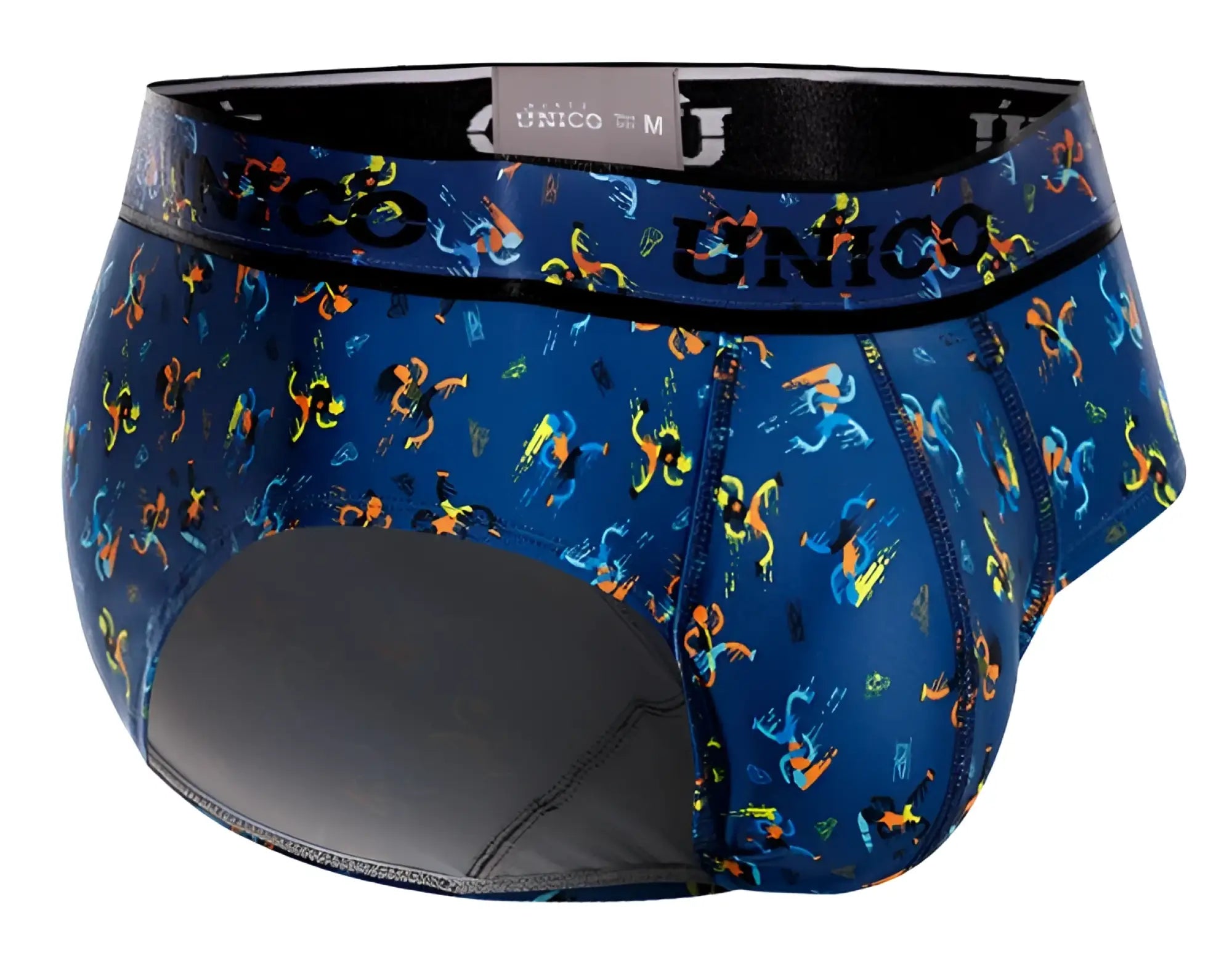 Blue unico men’s briefs with vibrant colorful abstract pattern and black elastic waistband pacer briefs color 46-blue