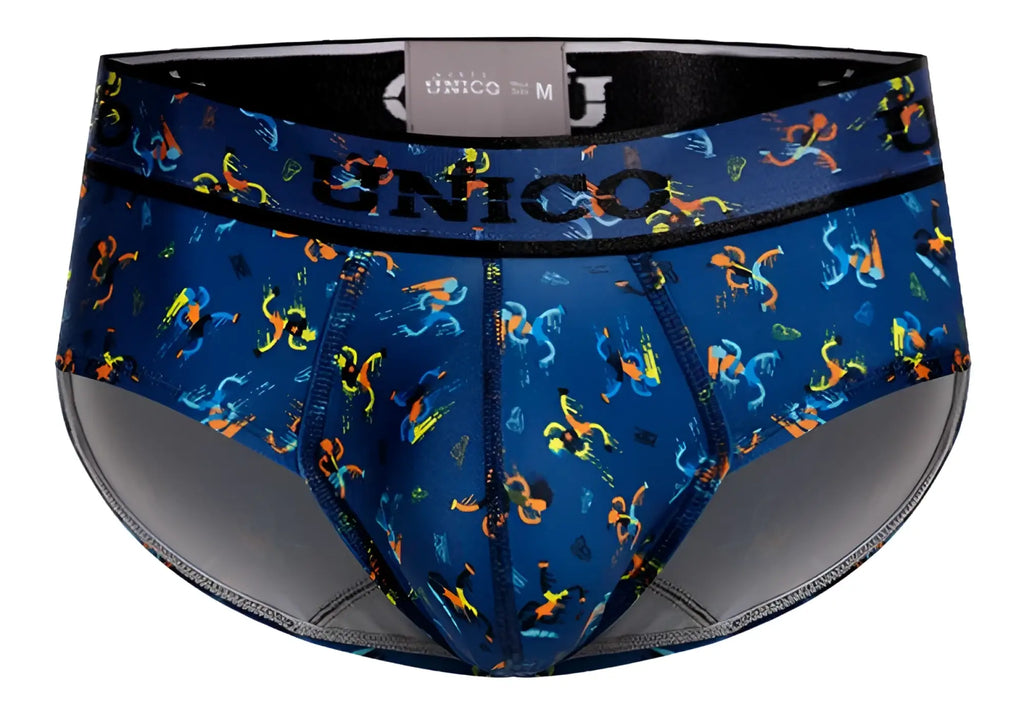 Blue unico pacer briefs with vibrant multicolored abstract pattern and black trim for men