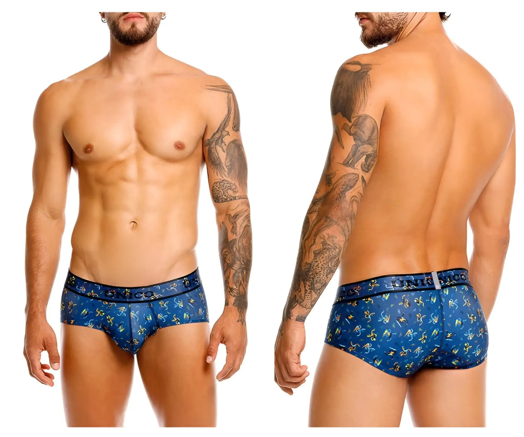 Blue patterned men’s briefs with decorative waistband featuring Unico branding in color 46-blue