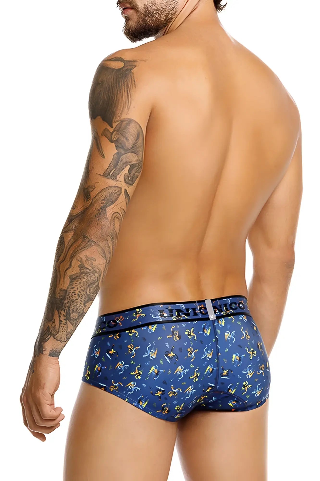 Blue patterned men’s briefs with yellow and white abstract shapes and linth nico branded waistband unico 25060101106