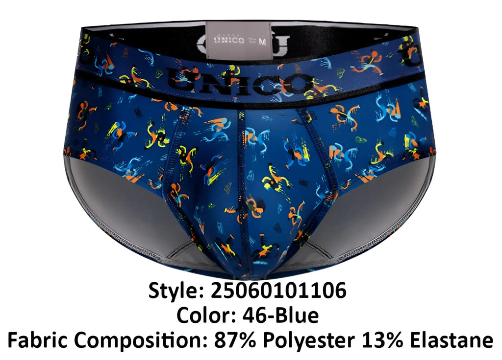 Blue patterned unico pacer briefs for men featuring a vibrant design with stylized figures on soft fabric