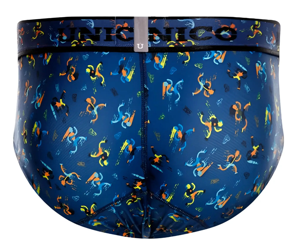 Blue unico 25060101106 pacer briefs for men featuring vibrant abstract figures in orange yellow and light blue