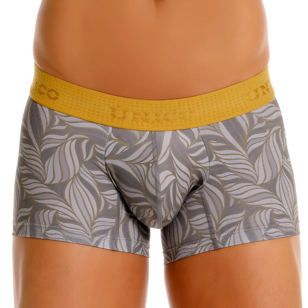 Unico 25070100104 caudal trunks gray boxer briefs with leaf pattern and yellow elastic waistband front view