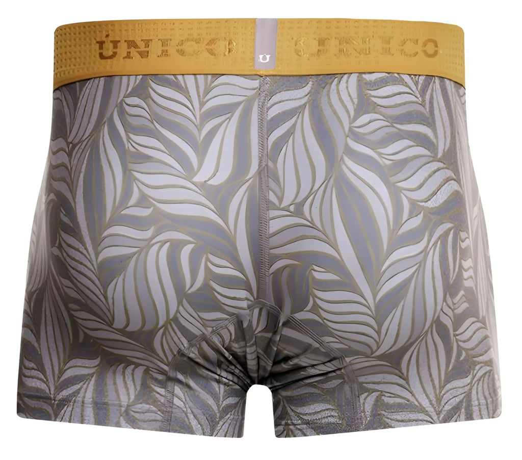 Gray and gold leaf-patterned unico 25070100104 caudal trunks boxer briefs with a textured waistband