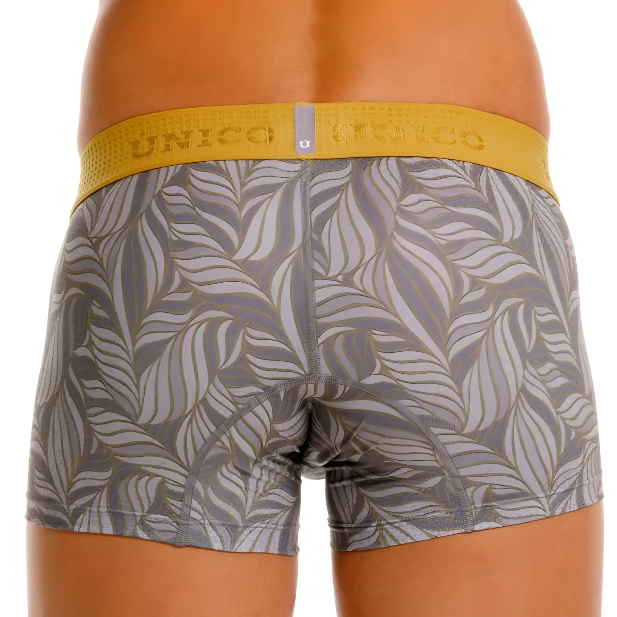 Gray and gold leaf-patterned unico boxer briefs with yellow elastic waistband in color 59-gray front side view