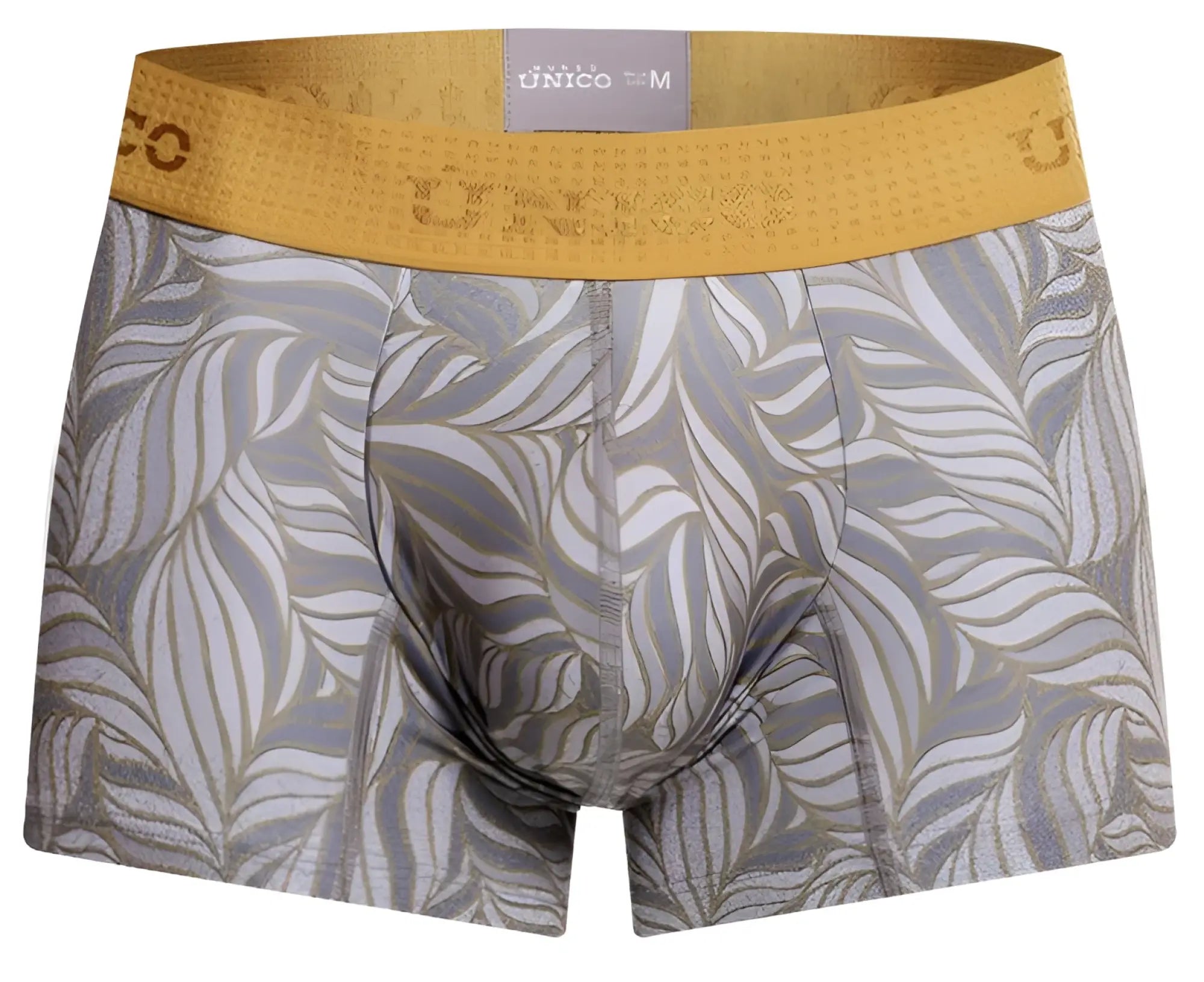Gray and gold leaf patterned unico men’s boxer briefs with yellow elastic waistband in color 59-gray front view