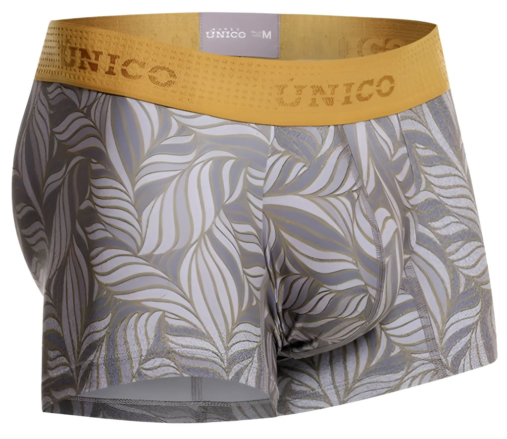 Gray and gold leaf patterned unico men’s boxer briefs with textured yellow waistband color 59 gray