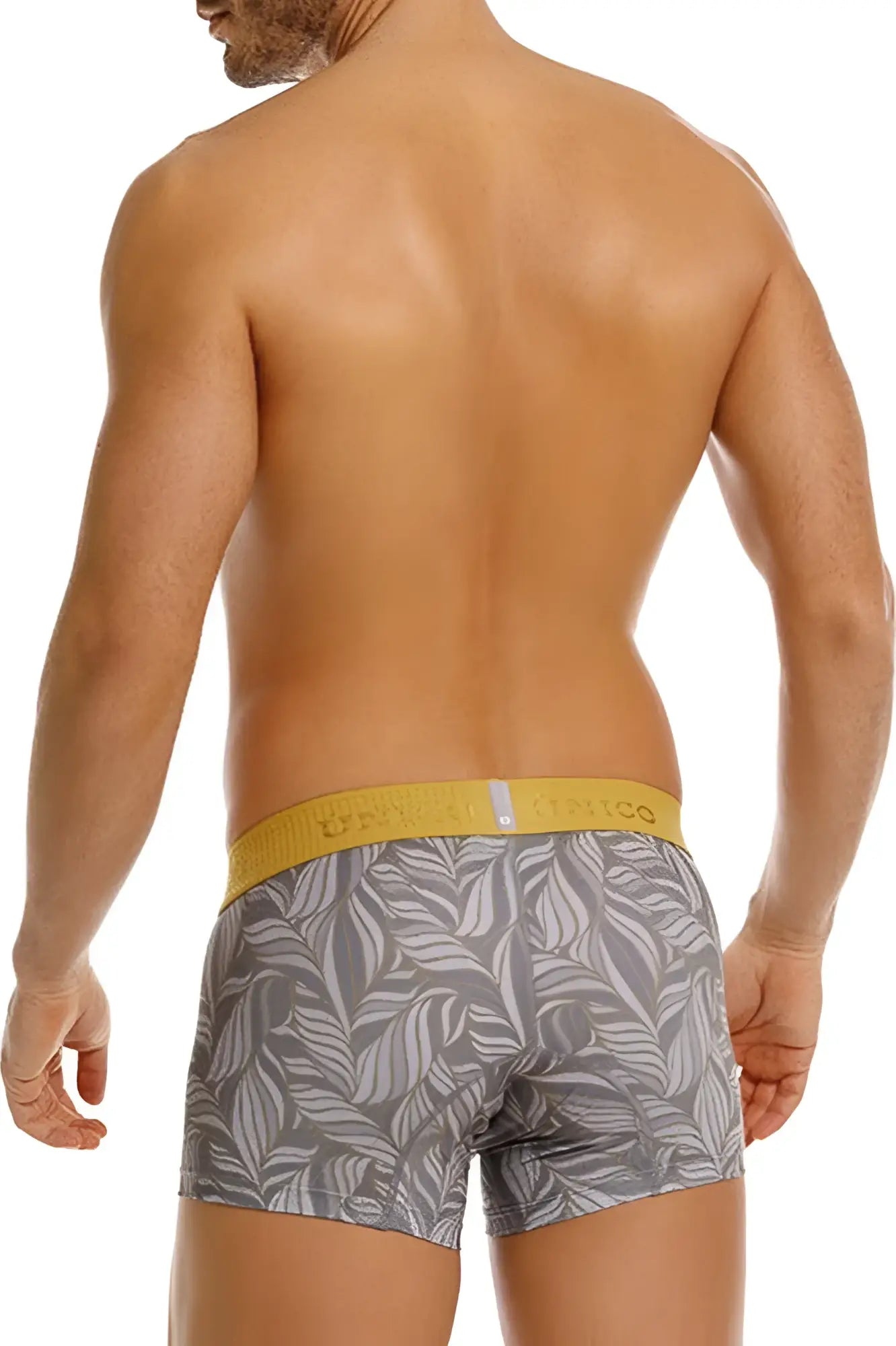 Gray leaf-patterned boxer briefs with a yellow waistband from unico caudal trunks color 59-gray collection