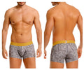 Gray men’s boxer briefs with white leaf pattern and yellow elastic waistband from unico caudal trunks color 59-gray