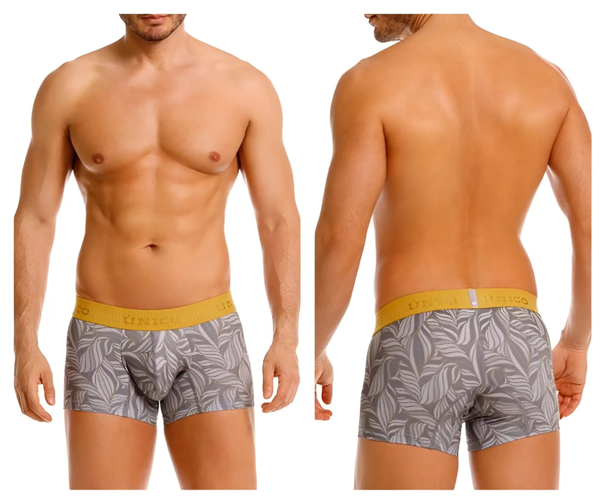Gray men’s boxer briefs with white leaf pattern and yellow elastic waistband from unico caudal trunks color 59-gray