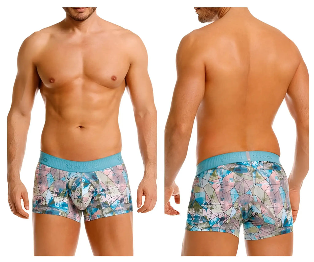 Unico 25070100105 Vitral trunks men’s boxer briefs with blue and pink geometric print and light blue elastic waistband