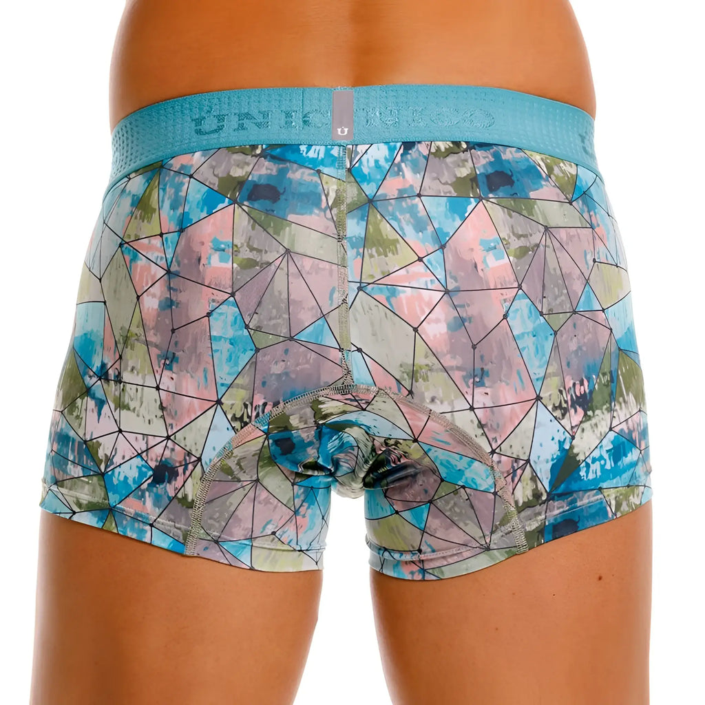 Unico 25070100105 vitral trunks boxer briefs with blue and pink geometric pattern and textured elastic waistband